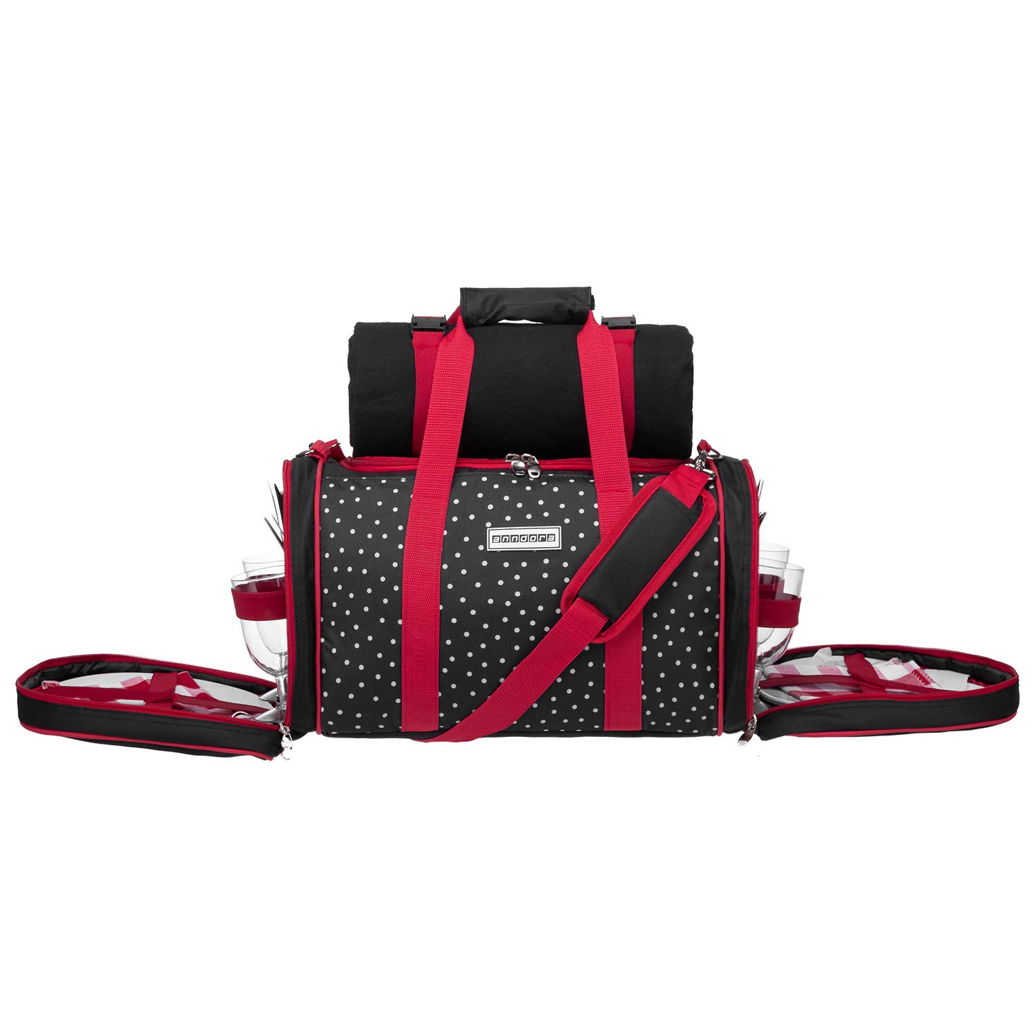 anndora Picknick Kühltasche + Decke + Zubehör schwarz weiß gepunktet