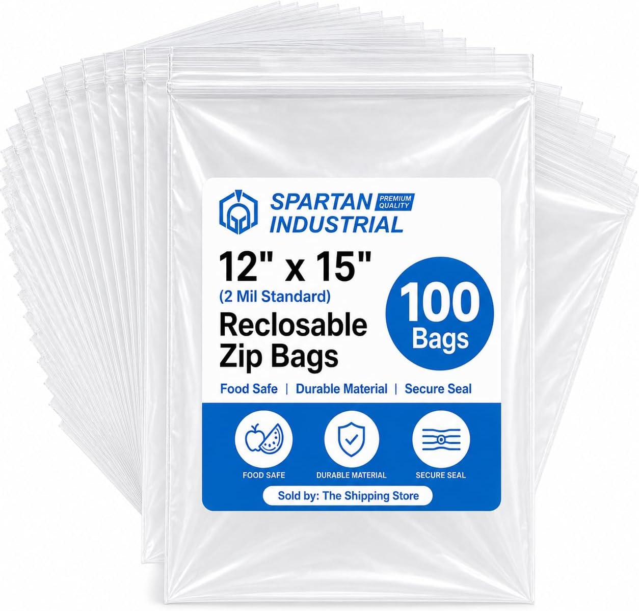 Spartan Industrial - 12" X 15" (100 Count) 2 Mil Clear Reclosable Zip Plastic Poly Bags with Resealable Lock Seal Zipper