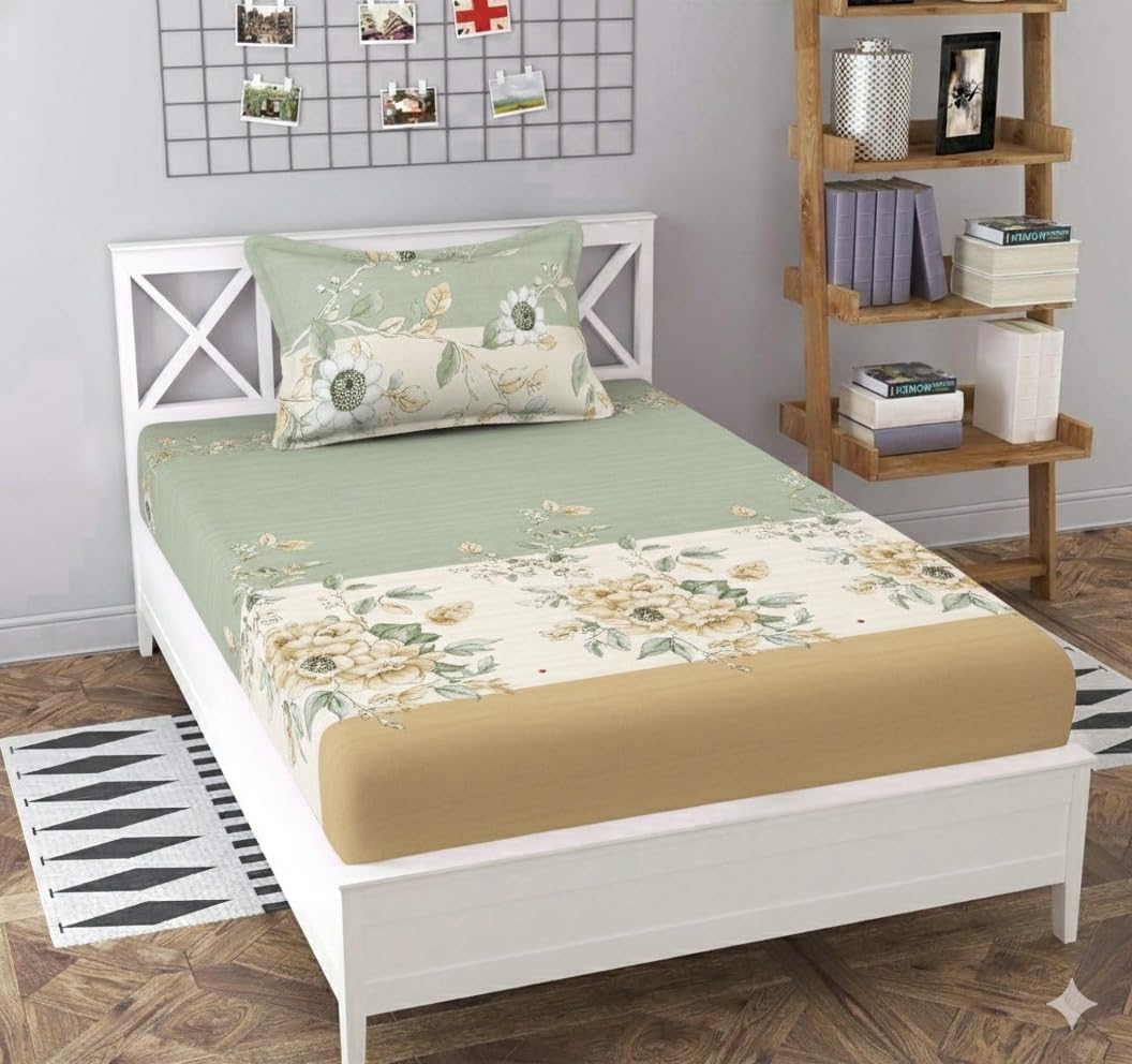 244 TC Premium Elastic Fitted Cotton Bedsheet, Soft Wrinkle-Free Floral Single Bedsheet with 1 Pillow Cover, Durable & Snug Fit Design (Design 5 (Multicolor), Single)
