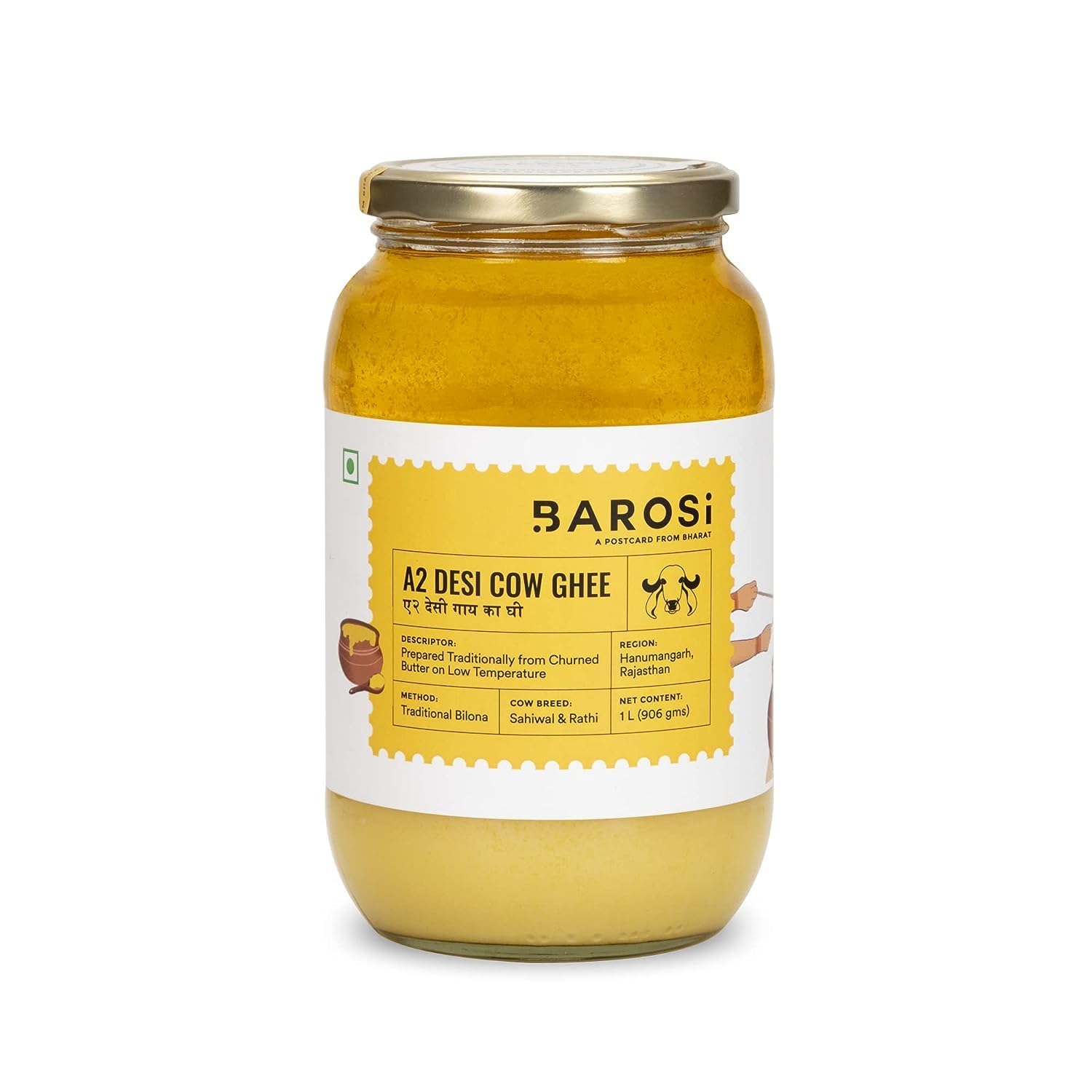 Barosi Premium A2 Cow Ghee 1 Litre | A2 Danedar Desi Ghee | Churned from Curd with Bilona Method | Pure & Aromatic | Organic, Farm Made in Small Batches | Glass Jar