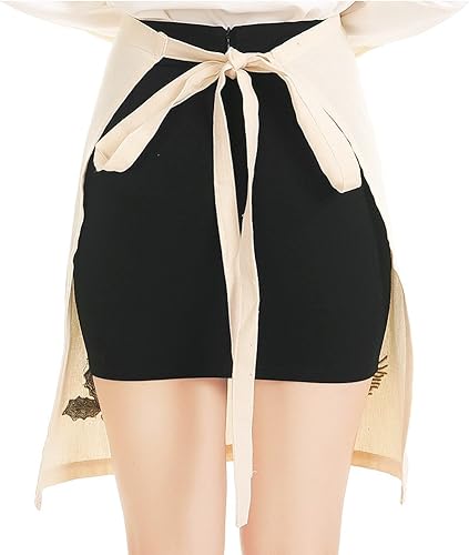 Miniatura 2 de Delantal de té beige bordado a la moda, delantal de media cintura para mujeres con bolsillo, 22.4 x 21.2 pulgadas, Bordado de estilo artístico