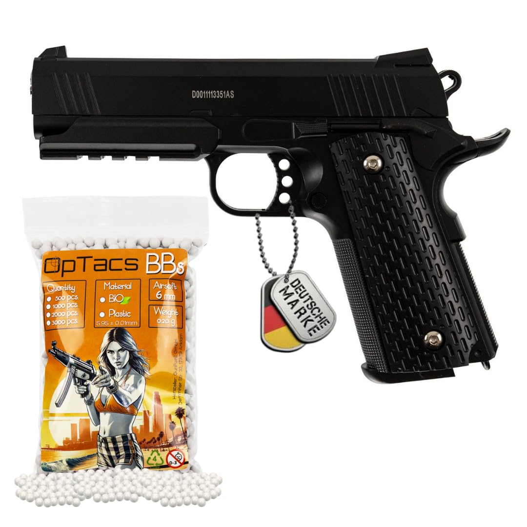 Softair Pistole Set Galaxy G25 Warrior 6mm Federdruck ab 14 Jahren unter 0,5 Joule Vollmetall Nachbildung 1911 mit Magazin und 500 OpTacs BBS für Einsteiger Airsoft