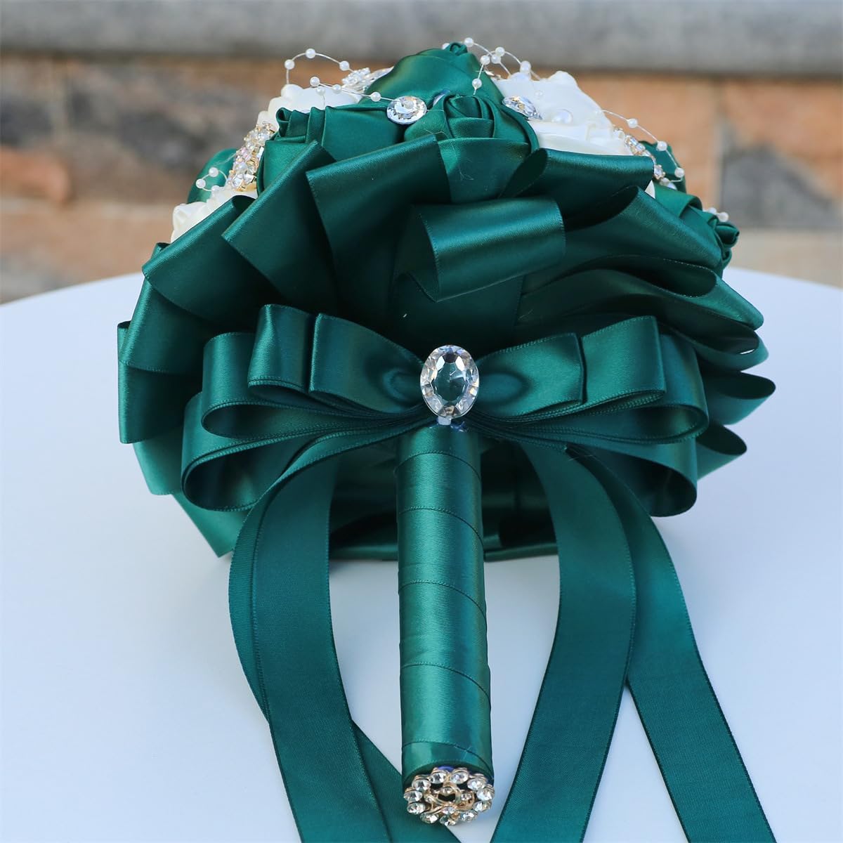 Handmade Rhinestone Brooch Satin Bridal Bouquet 9Inch Crystal Round Tossing Wedding Bouquet Artificial Flower Bunch with Diamond Pearl Ribbon Pearl Ribbon