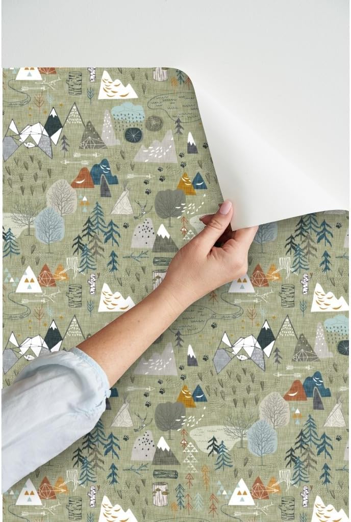 Peel & Stick Wallpaper 9ft x 2ft - Map Olive Alpine Pine Tree Forest Woods Teepee Fall Modern Custom Removable Wallpaper by Spoonflower