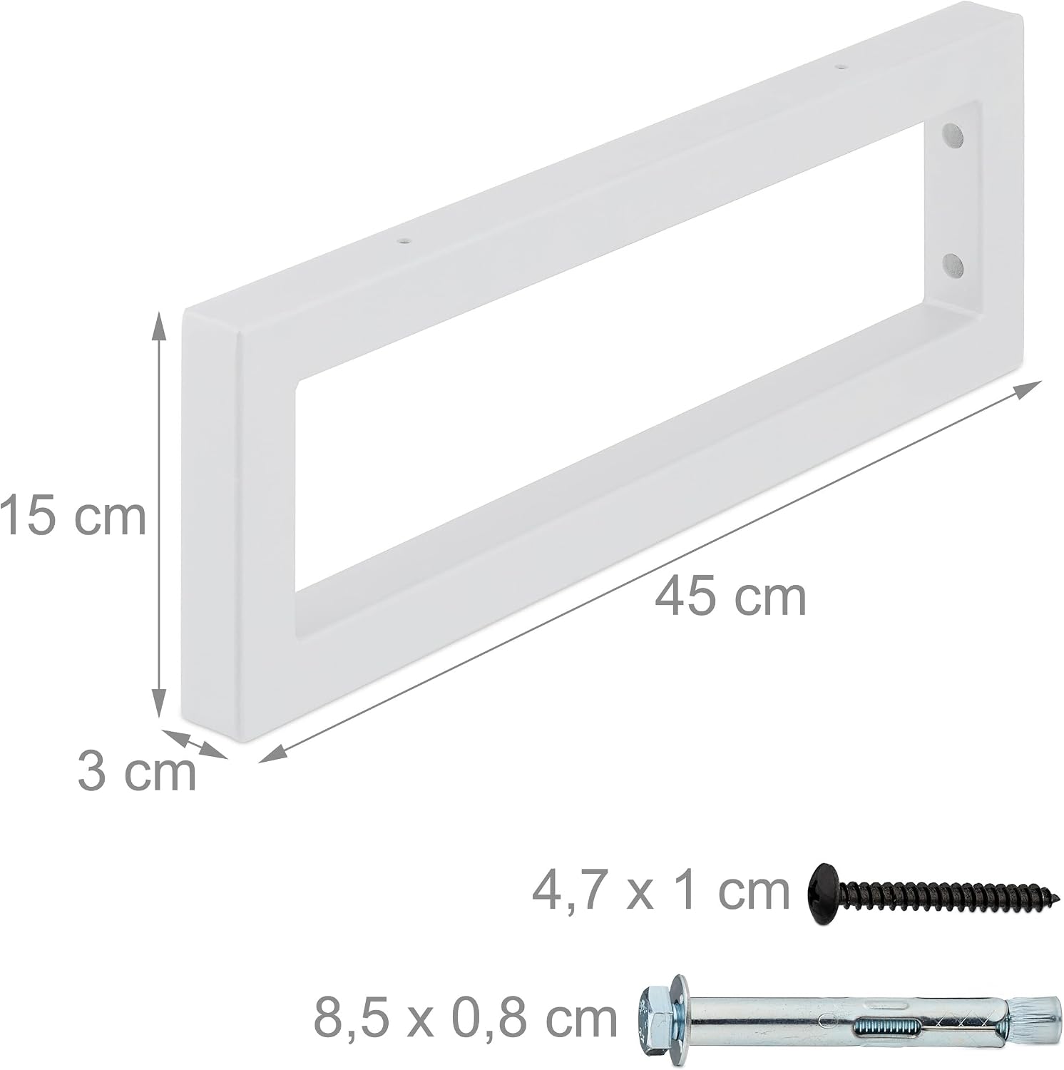 Relaxdays Wall Bracket, Set of 2, 45 cm, Steel, Shelf Brackets for Washbasin & Wall Shelf, Rectangular Shelf Console, White