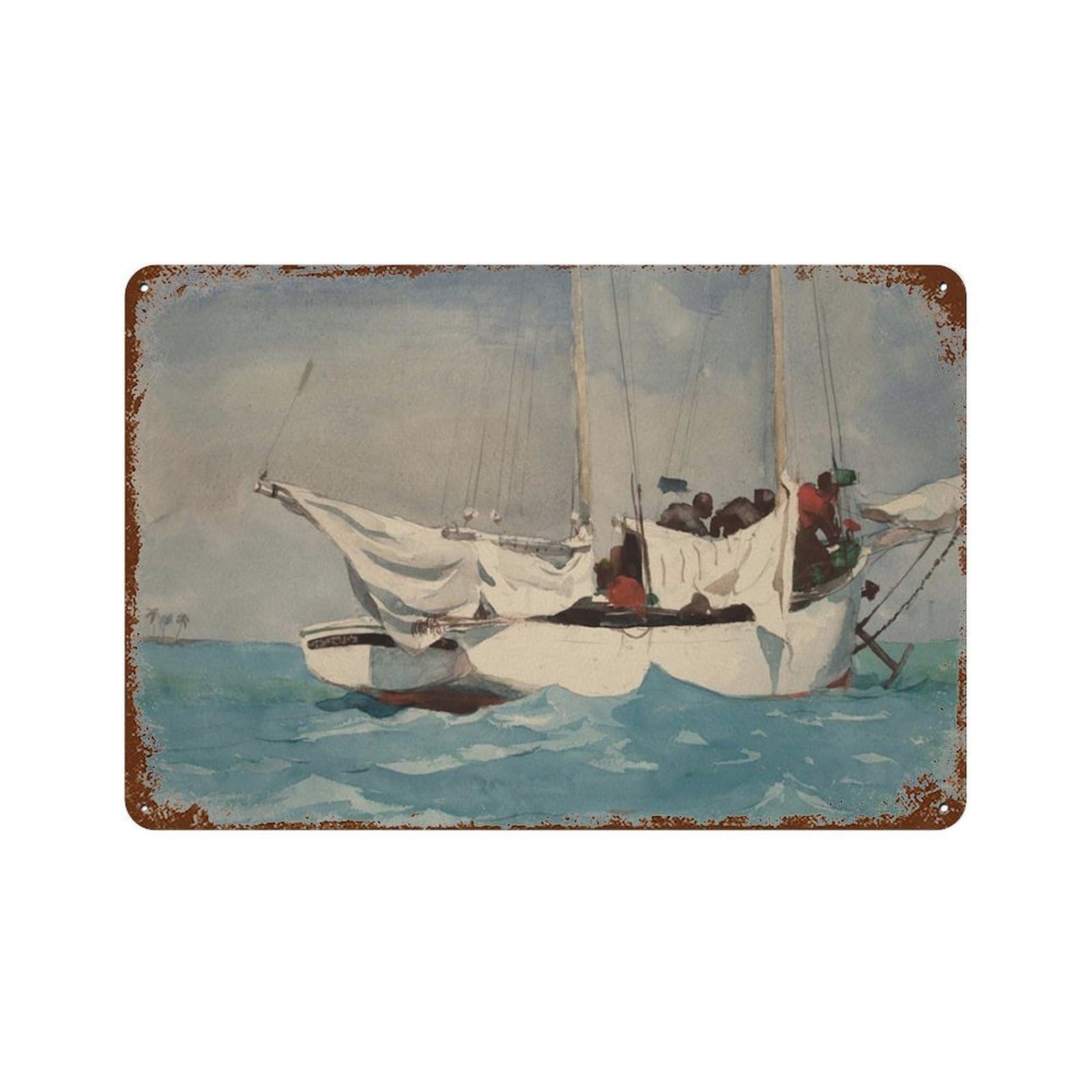 xiaoxiaoshen Seascape Painting, Sailboat Watercolor Vintage Wall Decor Art Metal Tin Poster Modern Home Decor Art Home Bar Shop Decorations Vintage Sign 20x30cm