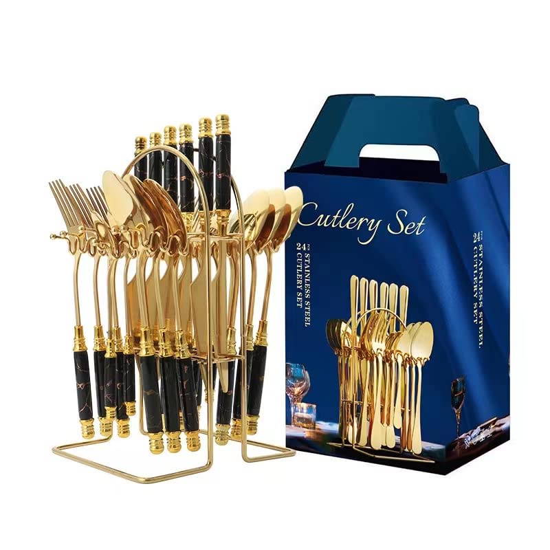 5PCS/20PCS/24 PCS Stainless Steel Knife Fork Spoon Cutlery Flatware Tableware Dinnerware Set with Ceramic Handle Storage Holder Rack (Black 20 PCS with Rack)