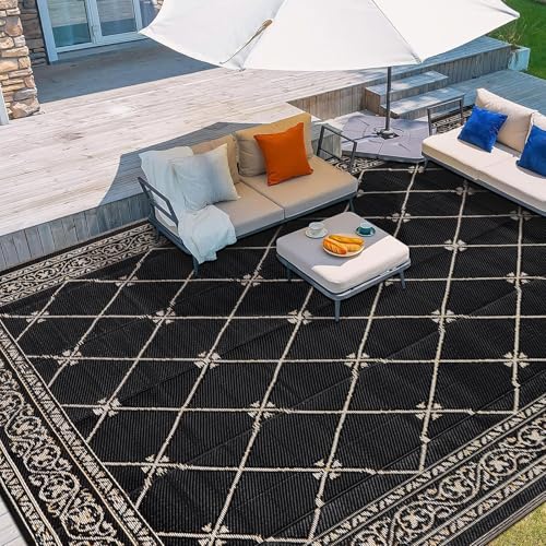 HiiARug Outdoor Rug 8'x10' for Patios Waterproof Patio Rugs Outdoor Mats for Front Porch,Beach Mat,Reversible Plastic Straw Camping Rugs for Outside RV,Deck,Balcony,Backyard，Black&Beige