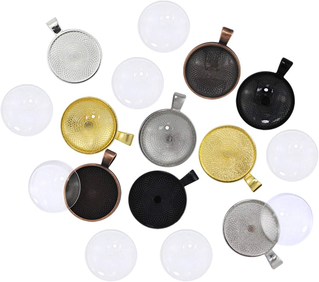 DLOnline Pack of 80 Pendant Tray Set, 40 Pieces 4 Colors Pendant Trays with 40 Pieces Transparent Glass Cabochons, for Crafting DIY Jewelry Gift Making, Non-calibrated Round 1 inch/25mm