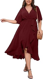 Women Plus Size Maxi Dress Short Sleeve Wrap V Neck High Low Split Ruffle Long Dress - Buy now