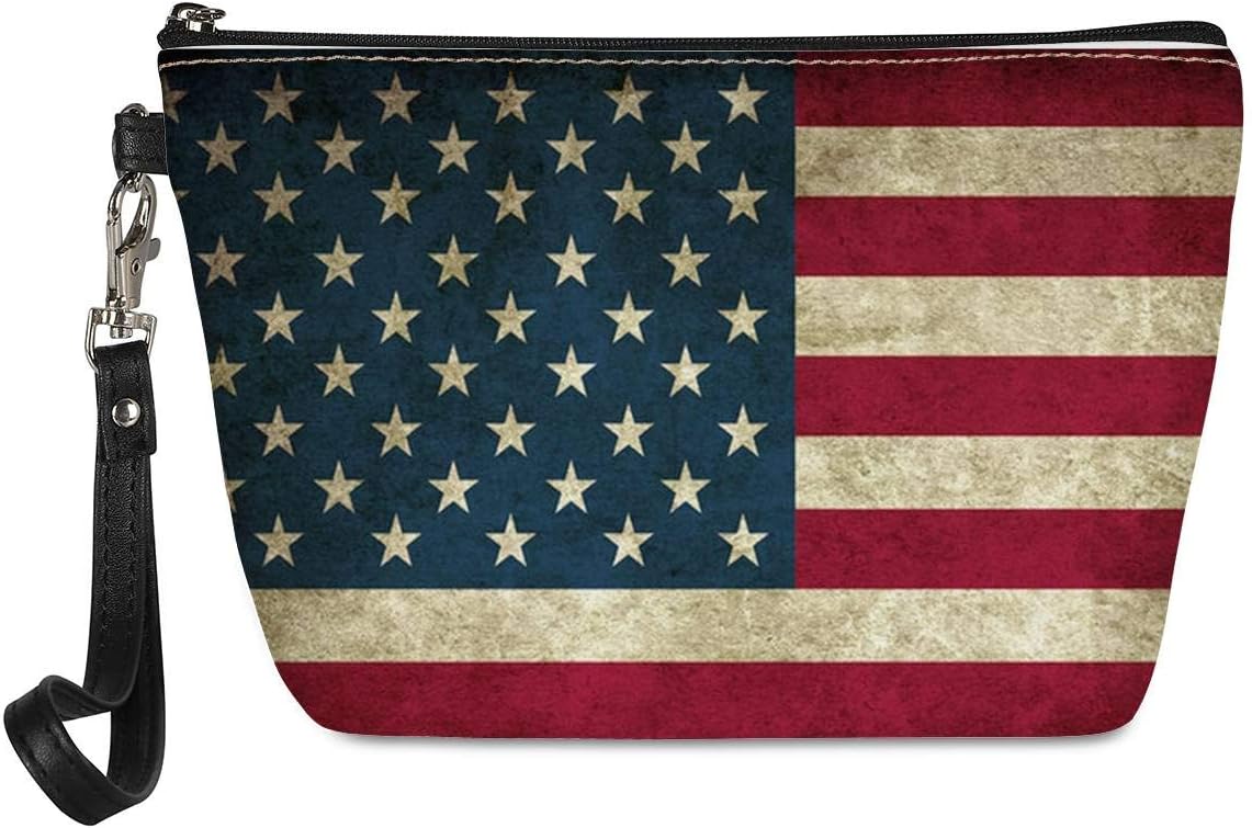 AmzbeautyWomen's Sloth Pug Alpaca Panda Cat Makeup Bag PU Leather Purse Toiletry Pouch Travel Cosmetic Bags with Handle Zipper, American flag, One_Size, Soft