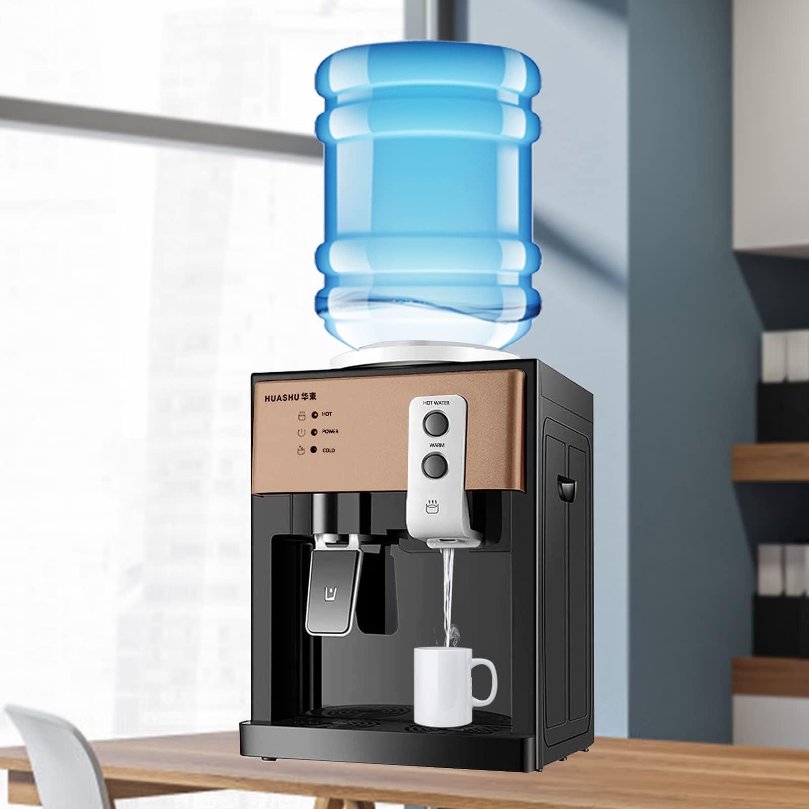 Top Loading Water Cooler Dispenser - 550W Desktop Electric Hot and Cold Water Dispenser,3 Temperature Settings - Boiling Water, Normal Temperature Water,Ice Water（46-59℉） for 1 to 5 Gallon Bottles