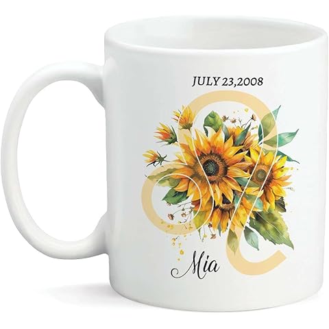 Awesome Personalized Name And Date On Sunflower Mug, Zodiac Sign Cup, Custom Sunflower And Leo Sign Mug, Gift For Boy, Girl, Customized Leo Sign Coffee Mug, Sunflower Cup 11oz