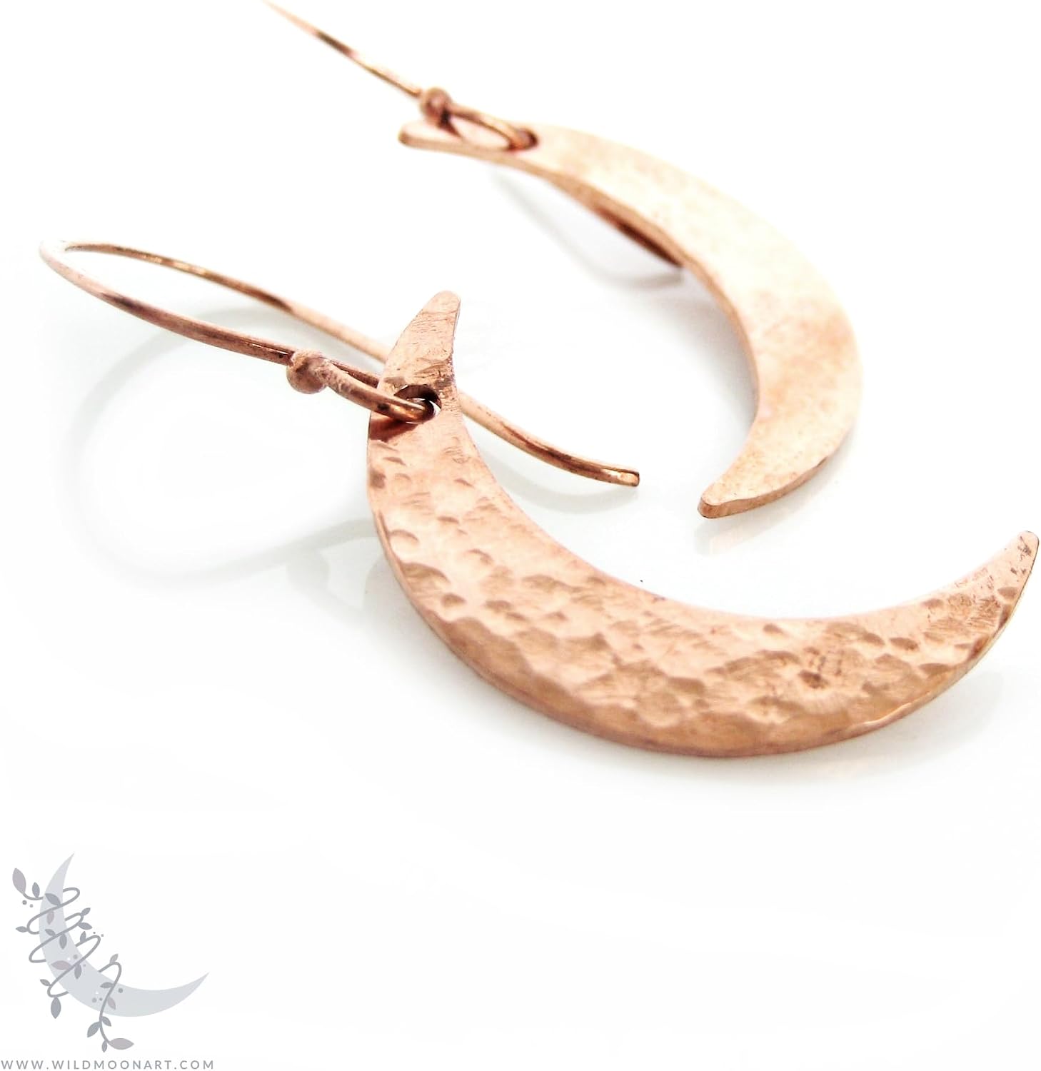 Wild Moon Art & Jewelry Copper Moon Earrings, Hammered Copper Crescent Moon Dangle Earrings, Handmade Minimalist Celestial Boho Jewelry