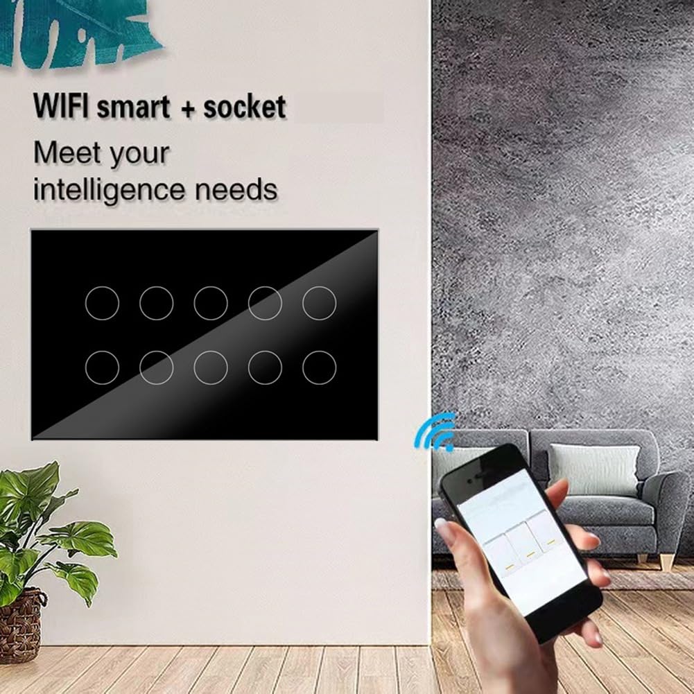 Interruptor de Pared con Luz TáCtil Inteligente Tuya Wifi de 10 VíAs, AplicacióN de Panel de Vidrio Compatible con Home, Control de Toda la Casa