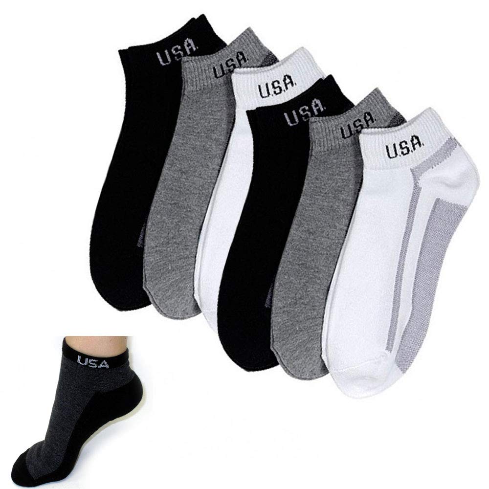 UNIHOSIERY 6 Pairs Low Cut Crew Mens Socks Ankle Quarter 9-11 Sport Black Grey Charcoal