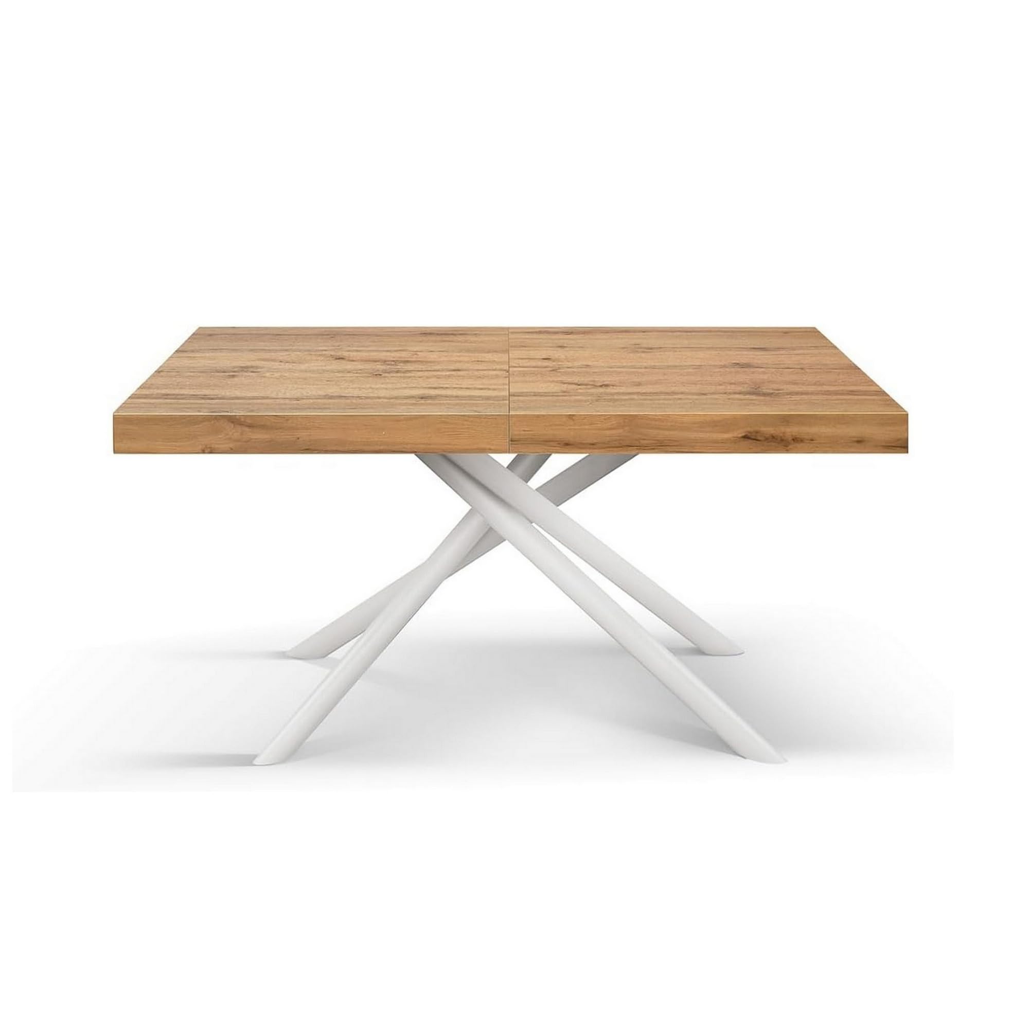 KONTE.DESIGN Mesa Carrara de Madera, Acabado Roble rústico y Base de Metal Pintado Blanco, Extensible 160x90 cm - 240x90 cm