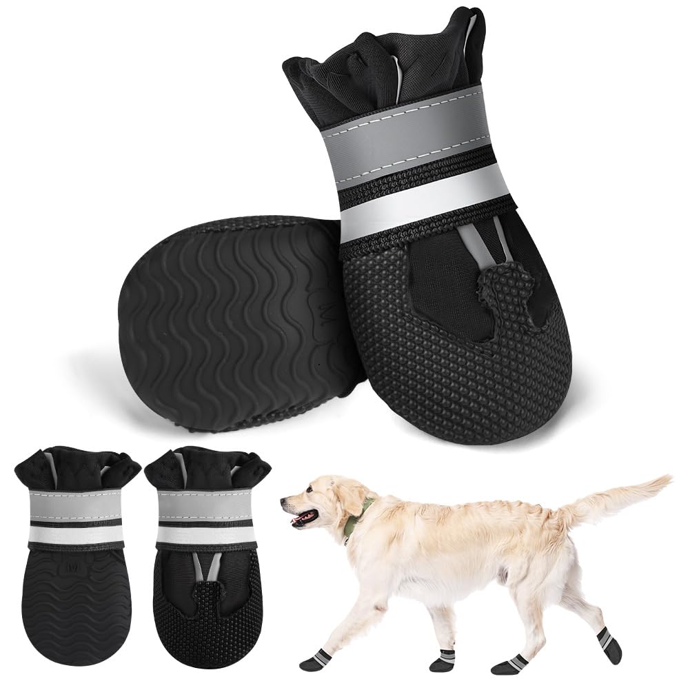 Adiwo 2 Pairs Waterproof Anti Slip Dog Paws Protector, Breathable Dog Boots with Reflective Adjustable Straps, Walking Boots for Injured Paws, Strong Traction Boots, for Small Medium Large (L, Black)