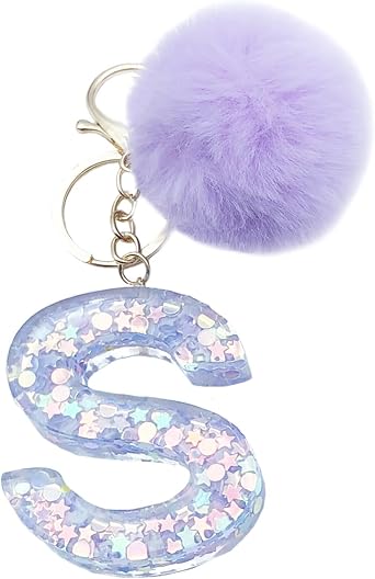 Unpafcxddyig Initial Letter Resin Alphabet Key Rings with Fur Ball Pom pom keychains Purple for Purse Handbags Women