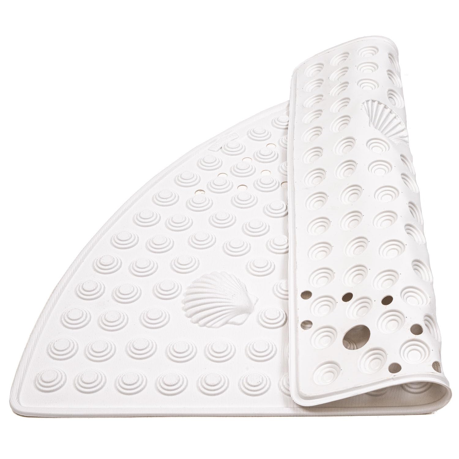 Tatkraft Shell - Tappeto Doccia Angolare, 58x58 cm, Fatto in Italia, Antimuffa, Tappetino Doccia Antiscivolo in PVC, Spesso Perfetto per Anziani e Bambini, Lavabile in Lavatrice, Bianco