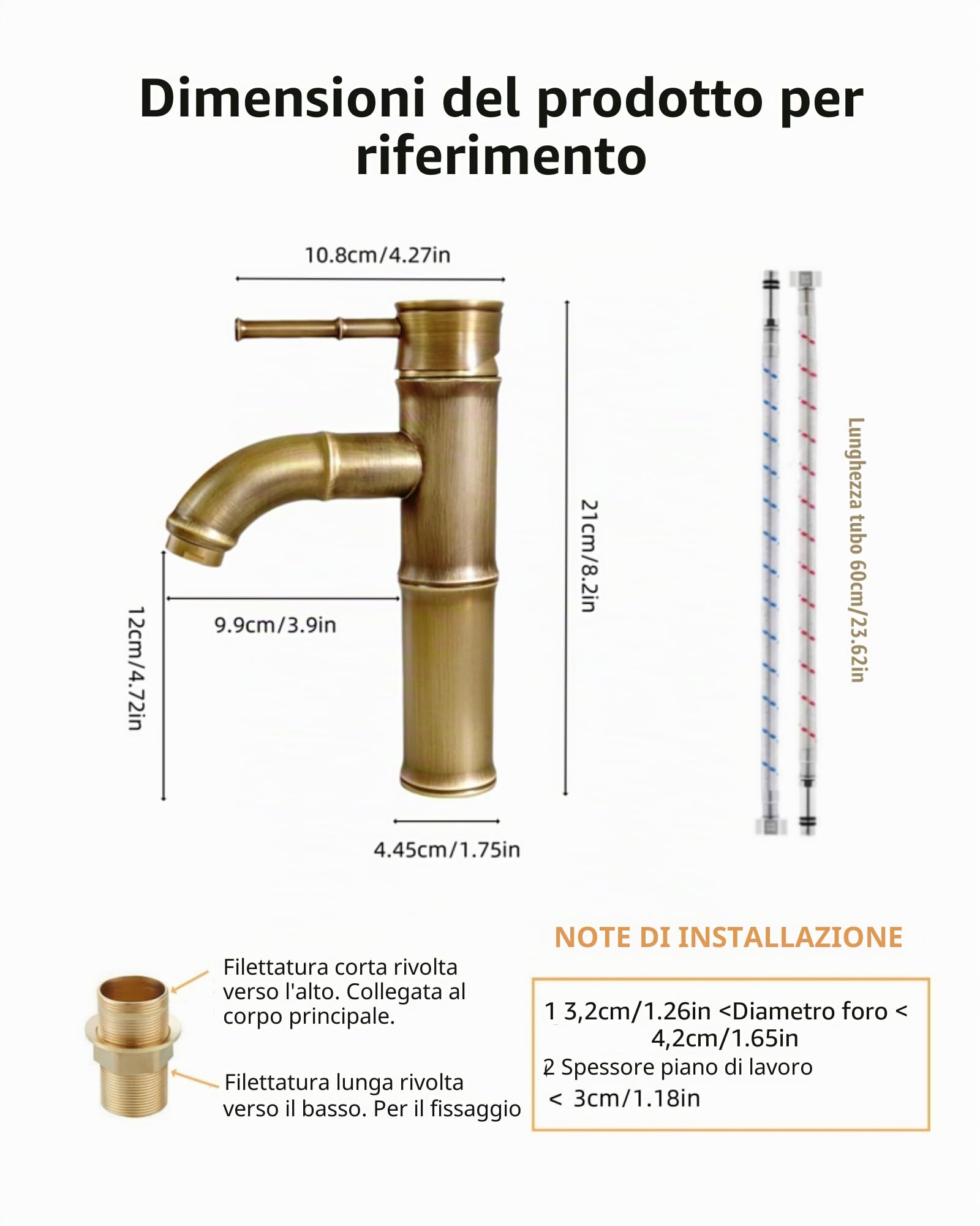 Rubinetto Bambù Lavabo in Ottone Anticato | Retrò miscelatore monocomando bagno lavello, ottone spazzolato, acqua calda e fredda, per bagno, cortile, hotel, rustico