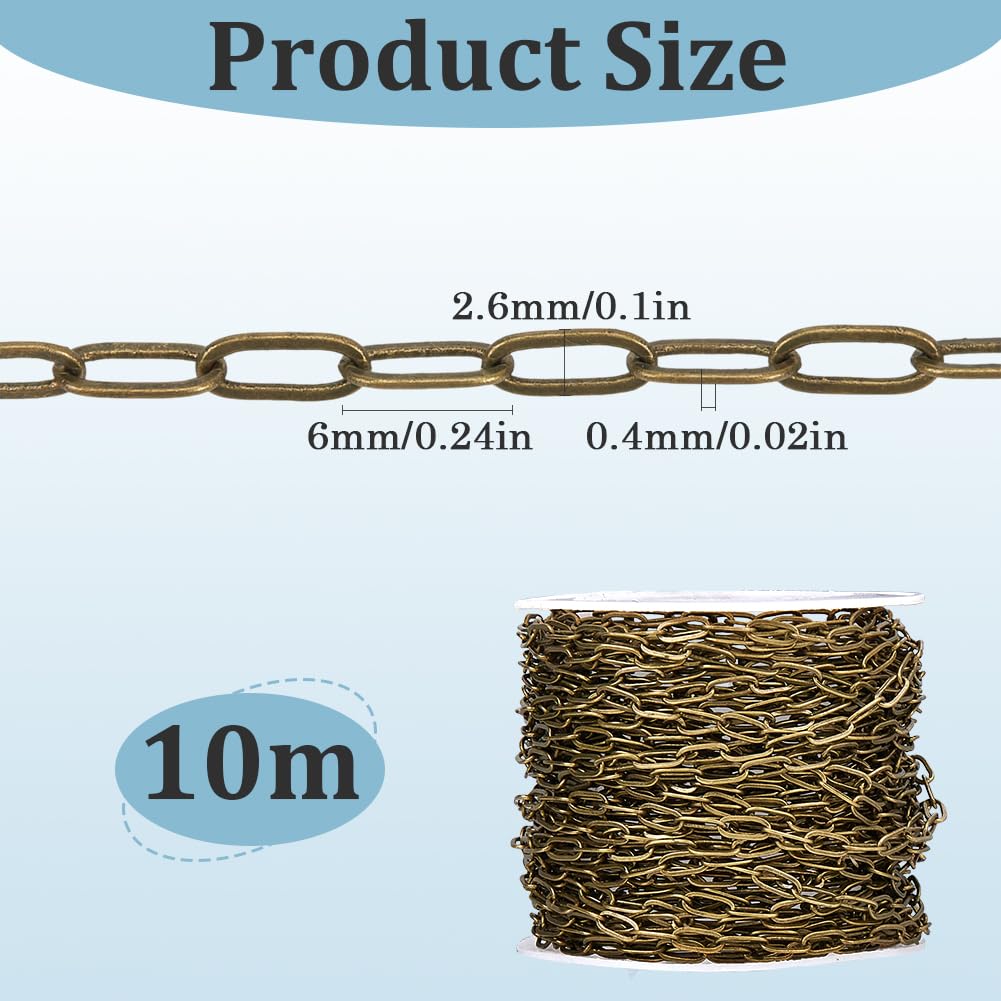 SOFPLATE 10M/32.8 Feet Brass Paper Clip Chain Cable Link Chain with Spool Antique Bronze Paperclip 6mm Slim Link Oval Soldered Roll Connector Chain for Jewellery Making Necklace Bracelet DIY Craft - Image 2