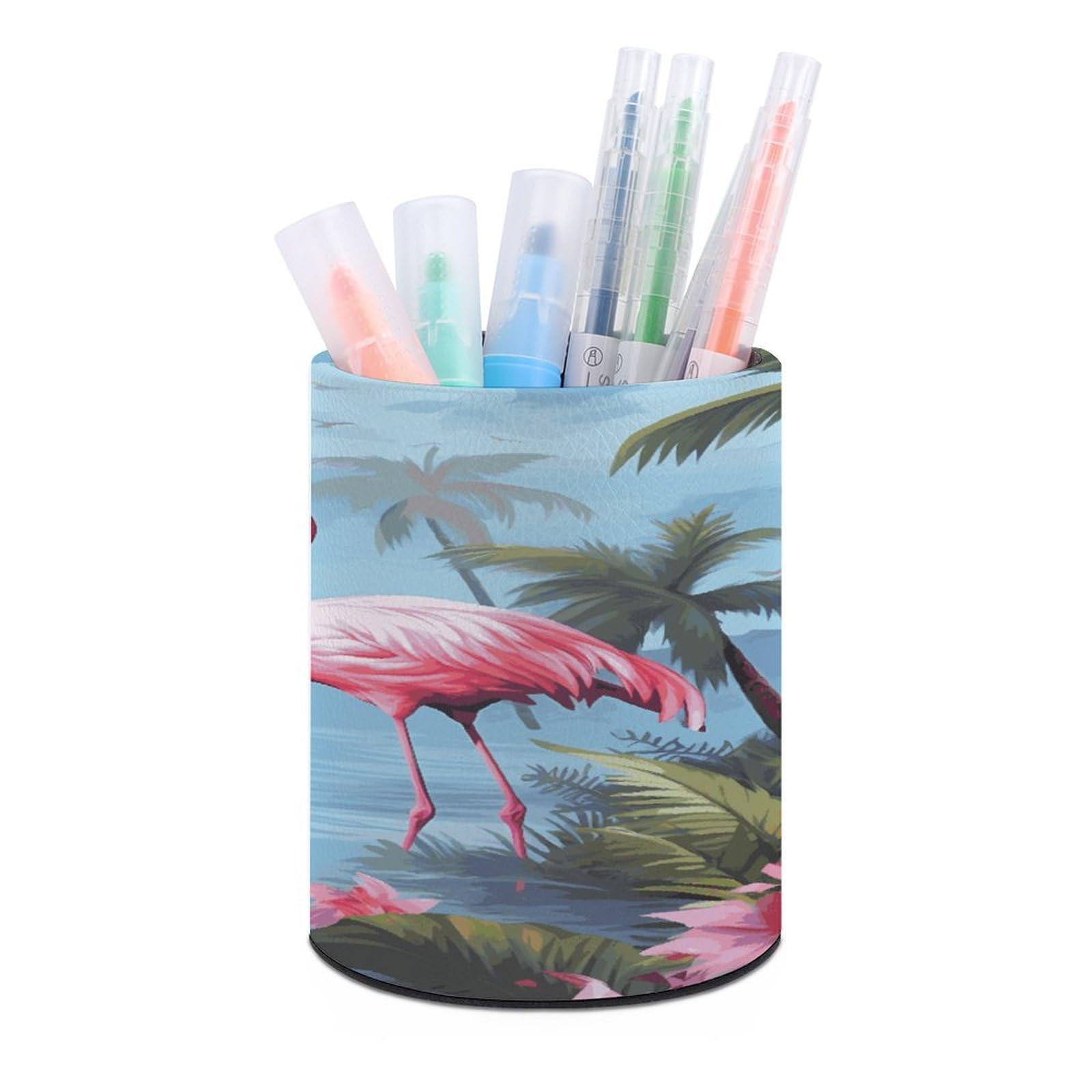 LDGSUPH Tropical Flamingos Round Pen Holder Leather Pen Cup Pencil Cup Pen Organizer Pencil Holder for Desk Organizer Pencil Organizers Makeup Brush Holders for Home Office Gift