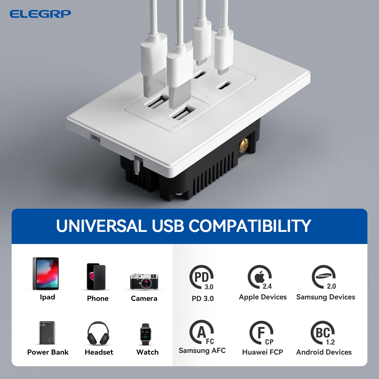 ELEGRP Prises murales USB, prises murales USB à 4 ports, homologuées UL/CUL, blanc mat