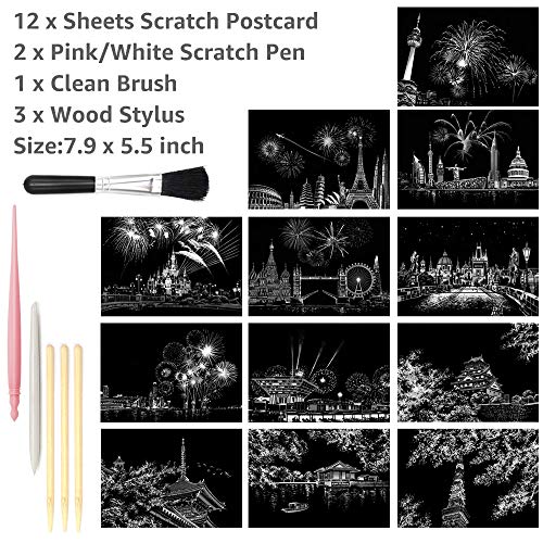 scratch art paper rainbow night view scratchboard pads for adults and kids mini envelope postcard art amp crafts set 12 sheets scratch cards amp scratch drawing pen brush 7934x5534 fireworks series