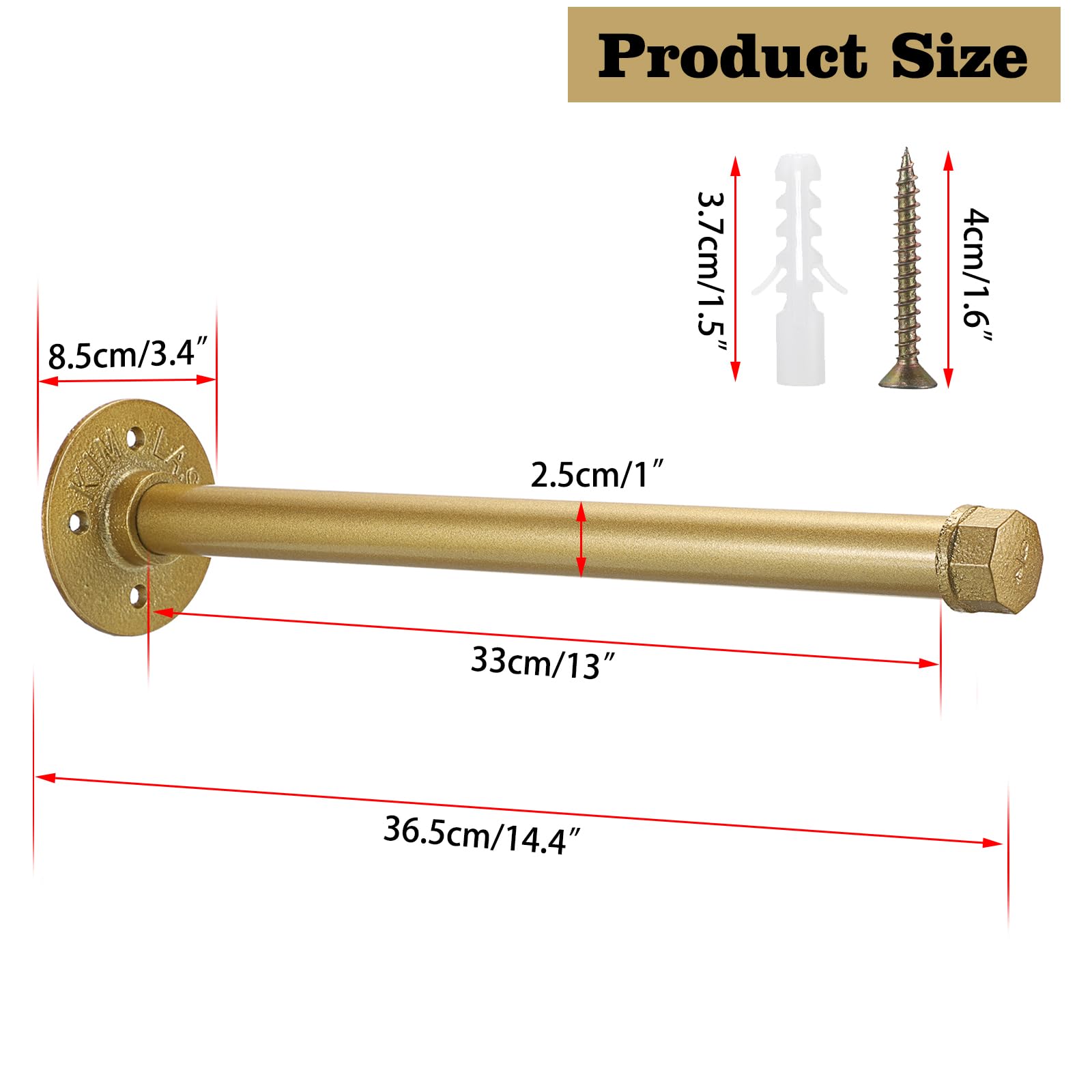 Sumnacon Kleiderstange aus industriellem Rohr, robust, rustikal, Metall, mit Schrauben, Wandmontage, für Schlaf-, Badezimmer, Kleiderschrank, Boutique, Bekleidungsgeschäft, Gold, 2 Stück, 35,6 cm