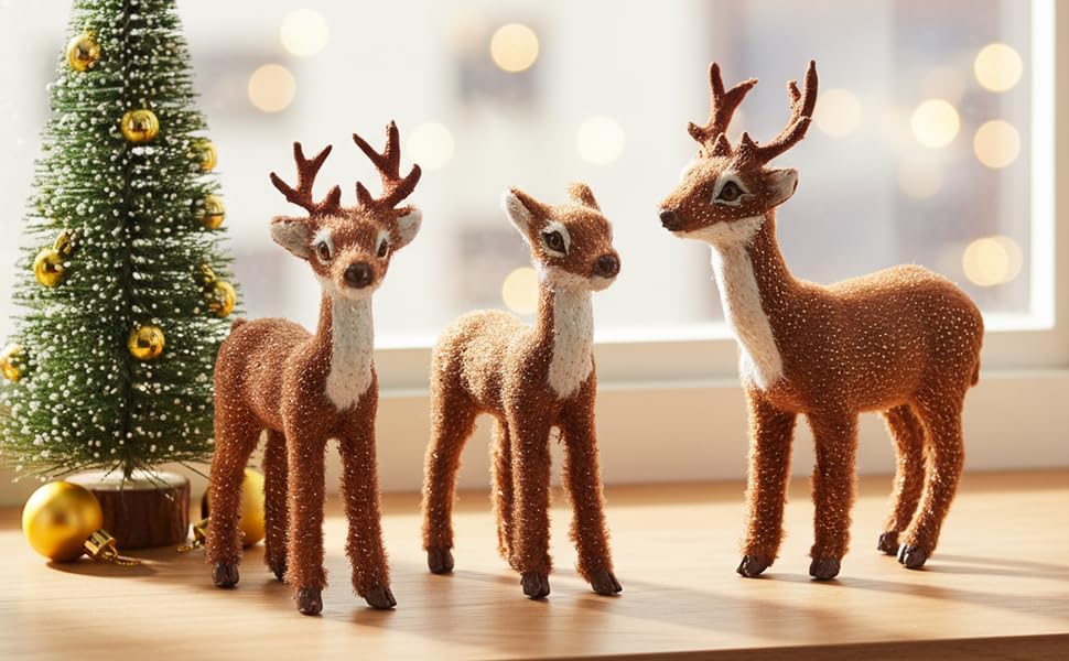 3 Pcs Christmas Reindeer Decor, Festive Holiday Decorations, Rustic Elk Ornaments, Handcrafted Tabletop Decor for Home, Office, Fireplace, Mantle (Brown)