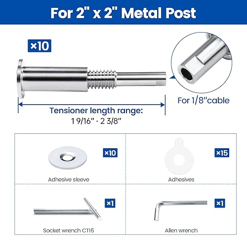 Miniatura 2 de [Patente] Muzata Paquete de 10 Kit de Herrajes para Barandilla de Cable Invisible de 1/8", Tensor de Prensado Manual Mejorado Oculto para Poste