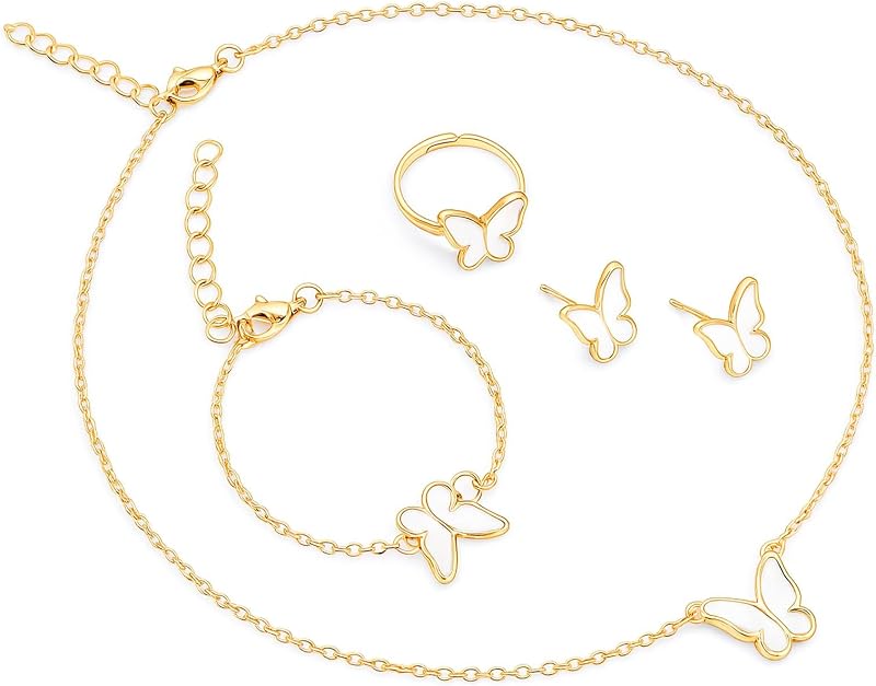 4 Piece Butterfly Jewelry Set for Women, Elegant Gold Plated Necklace Earrings Bracelet Ring Set, Luxe Bridal Wedding Party Prom Jewelry Gifts for Her