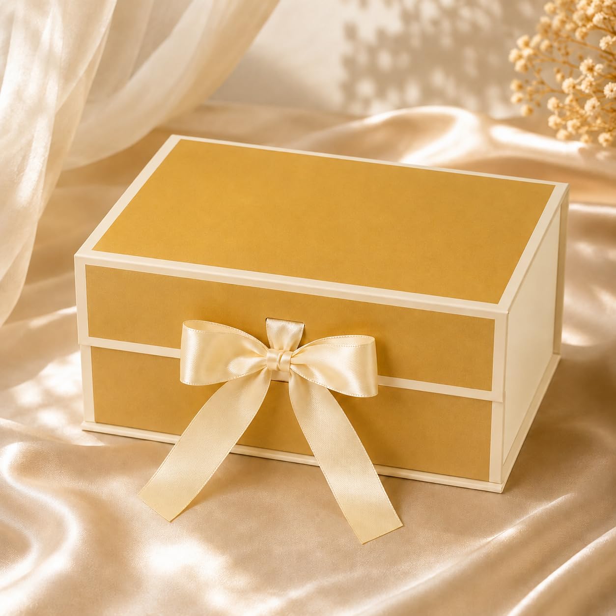 1 Piece Collapsible Magnetic Gift Box with Ribbon, Luxury Box for Packaging, Hamper Box, Foldable Gift Box for Birthday, Wedding, Return Gifts, Storage Box (25 x 20 x 10 cm) (Golden)