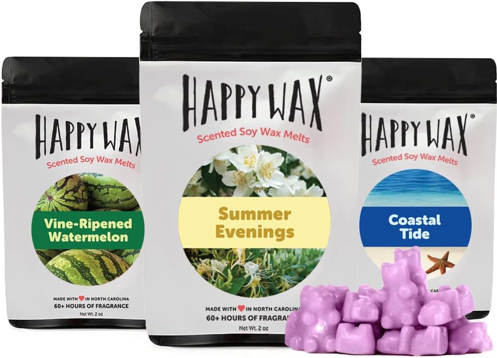 Happy Wax Summer Mix Collection Scented Natural Soy Wax Melts – 6 Total Oz. of Scented Wax Melts, Collection Includes 2oz Vine-Ripened Watermelon, 2oz Summer Evenings, and 2oz Coastal Tide