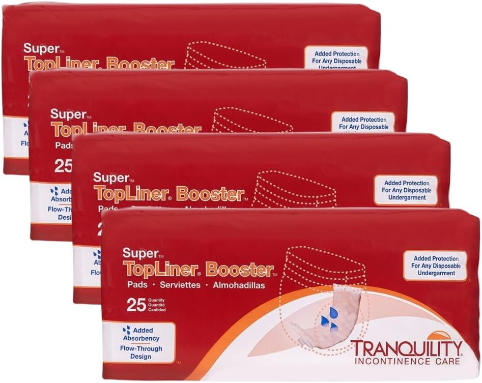 Tranquility TopLiner Disposable Booster Pads, Super (15" x 4.25") Flow-Through Design with Adhesive Strip for Max Absorption, Adult Unisex, 200ct Case