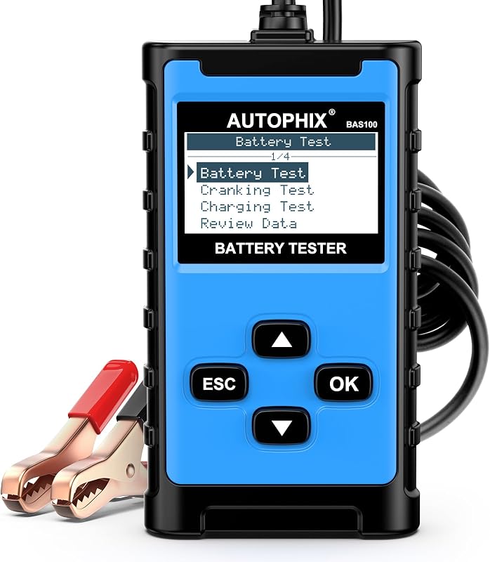 BAS100 12V/24V Car Battery Tester, 100-2000 CCA Load Tester | Battery and charging system analyzer for cars, trucks, motorcycles, RVs and boats, with health, cranking and charging tests.