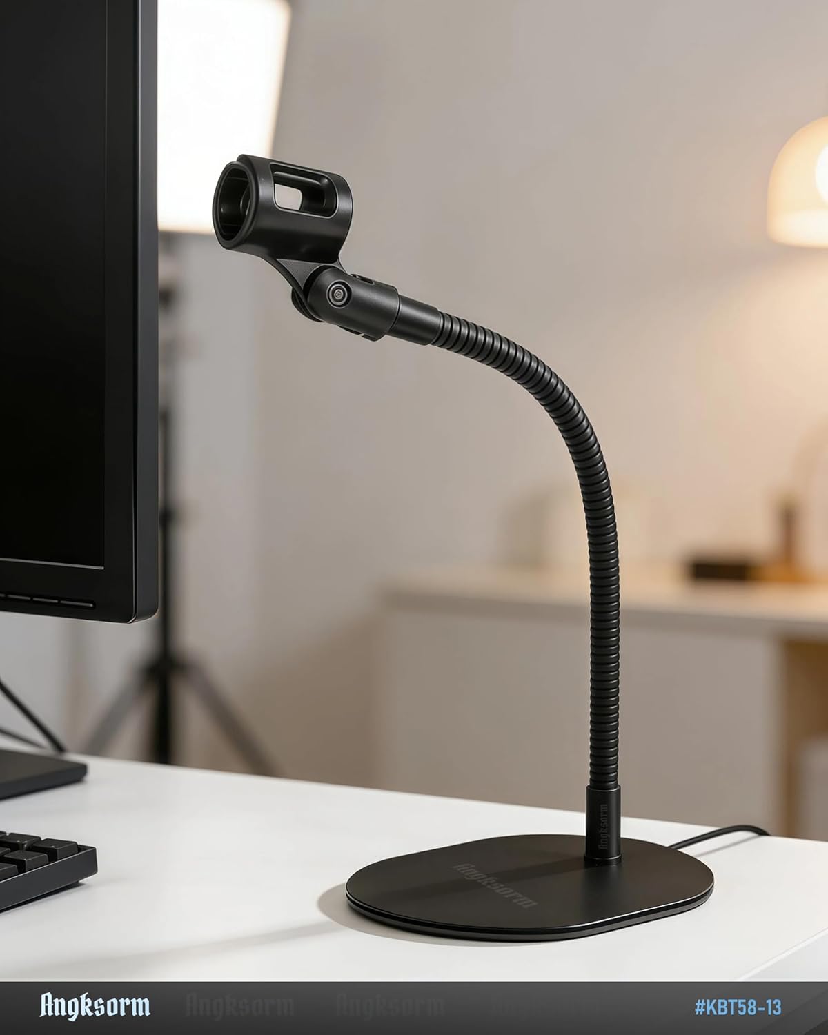 13-IINCH Desktop Microphone Stand - Heavy-Duty Flexible Gooseneck Mic Holder with Elliptical Metal Mount Base for Tabletop, Desk, Podium & Counter Use, KBT58