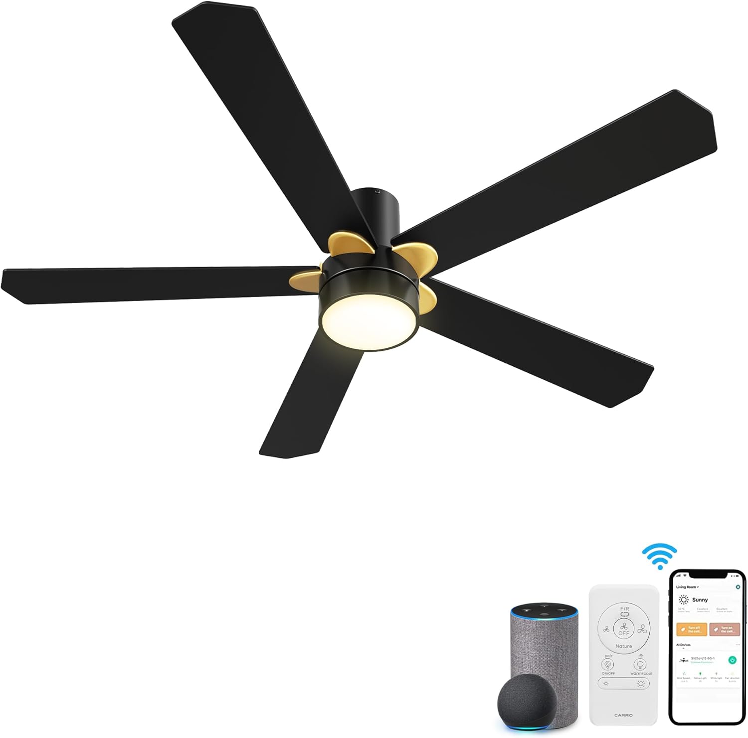 SMAAIR Flush Mount Smart Ceiling Fans with Lights Remote Control, 52inch Wifi Ceiling Fan with LED Light Outdoor, 10 Speed DC Motor, Compatible with Alexa/Google Assistant/Siri Shortcut Black& Gold
