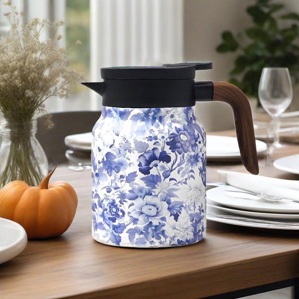 Vintage Pattern Coffee Carafes, 35 Oz/1 Liter - Hot and Cold With Infuser, Perfect for Parties/Home Use(Blue and white porcelain)