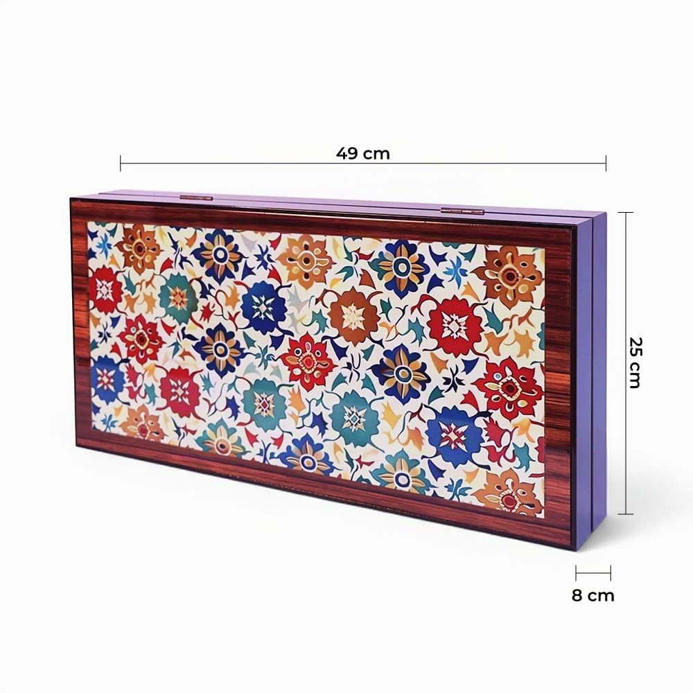 Biggdesign Bloom Backgammon, corps en MDF, fermeture magnétique, vernis de protection brillant, surface de jeu anti-rayures, dés et pions, fabriqué en Turkiye
