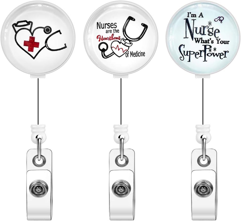 Xoqo 3 Pack Crystal Glass Retractable Badge Reel Holder, 24 inch Retractable Cord Nurse Badge Clip, ID Name Badge Holder with Belt Clip (Nurse Stethoscope)