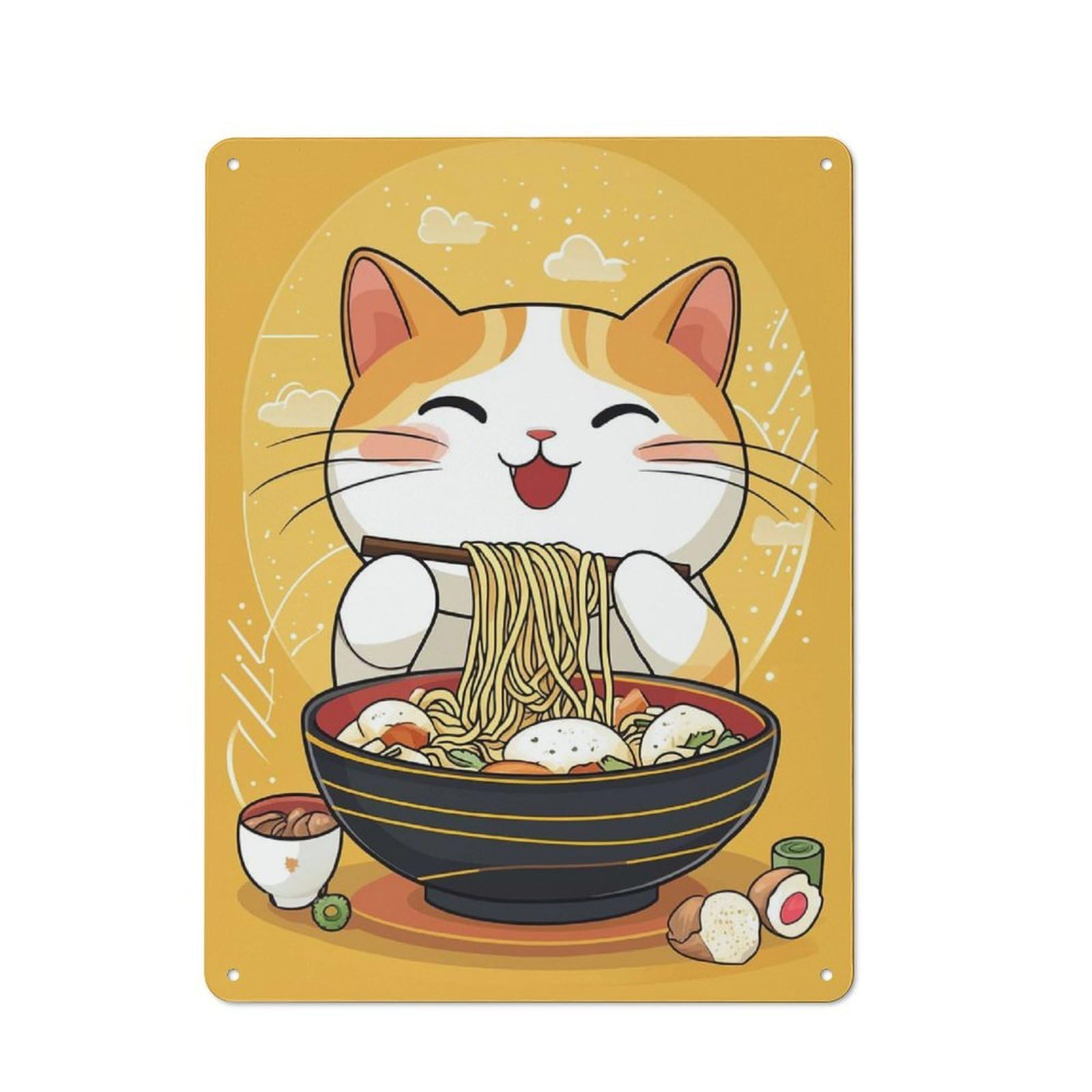 Junmoney Style-11 Cute Cat Eating Ramen Vintage Metal Sign 40X30cm, Vintage Bistro Wall Plaque For Coffee Bar, Small Shop Or Dining Room