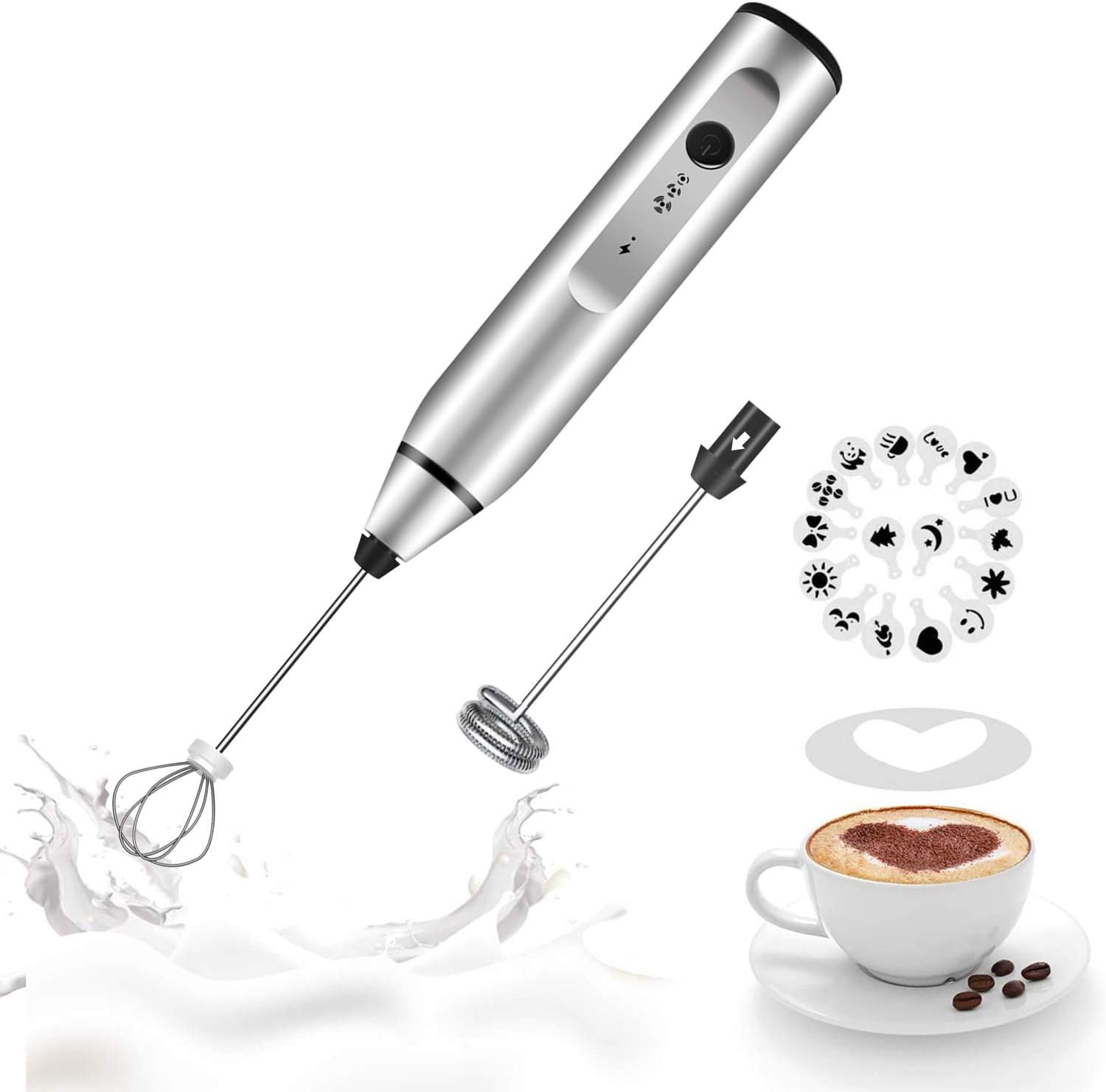 Gbivbe Milk Frother Handheld, Rechargeable Whisk Drink Mixer for Coffee with Art Stencils, Coffee Mixer for Cappuccino, Hot Chocolate Match, Frappe, Hot Chocolate, Egg Whisk