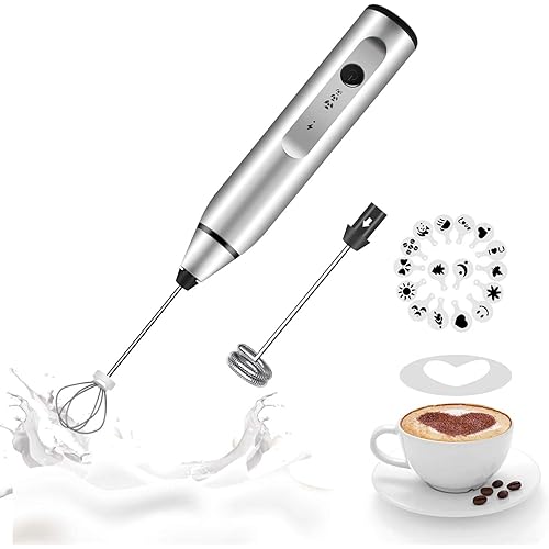 Milk Frother Handheld, Gbivbe Rechargeable Whisk Drink Mixer for Coffee with Art Stencils, Coffee Mixer for Cappuccino, Hot Chocolate Match, Frappe, Hot Chocolate, Egg Whisk