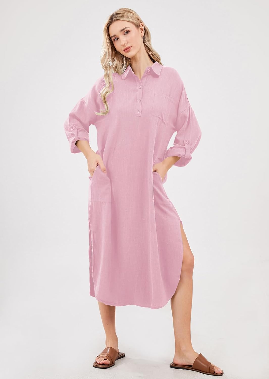 chouyatou Women's Spring Summer Cotton Linen Shirt Dress Button Down Casual Loose Maxi Shift Dress - Image 2