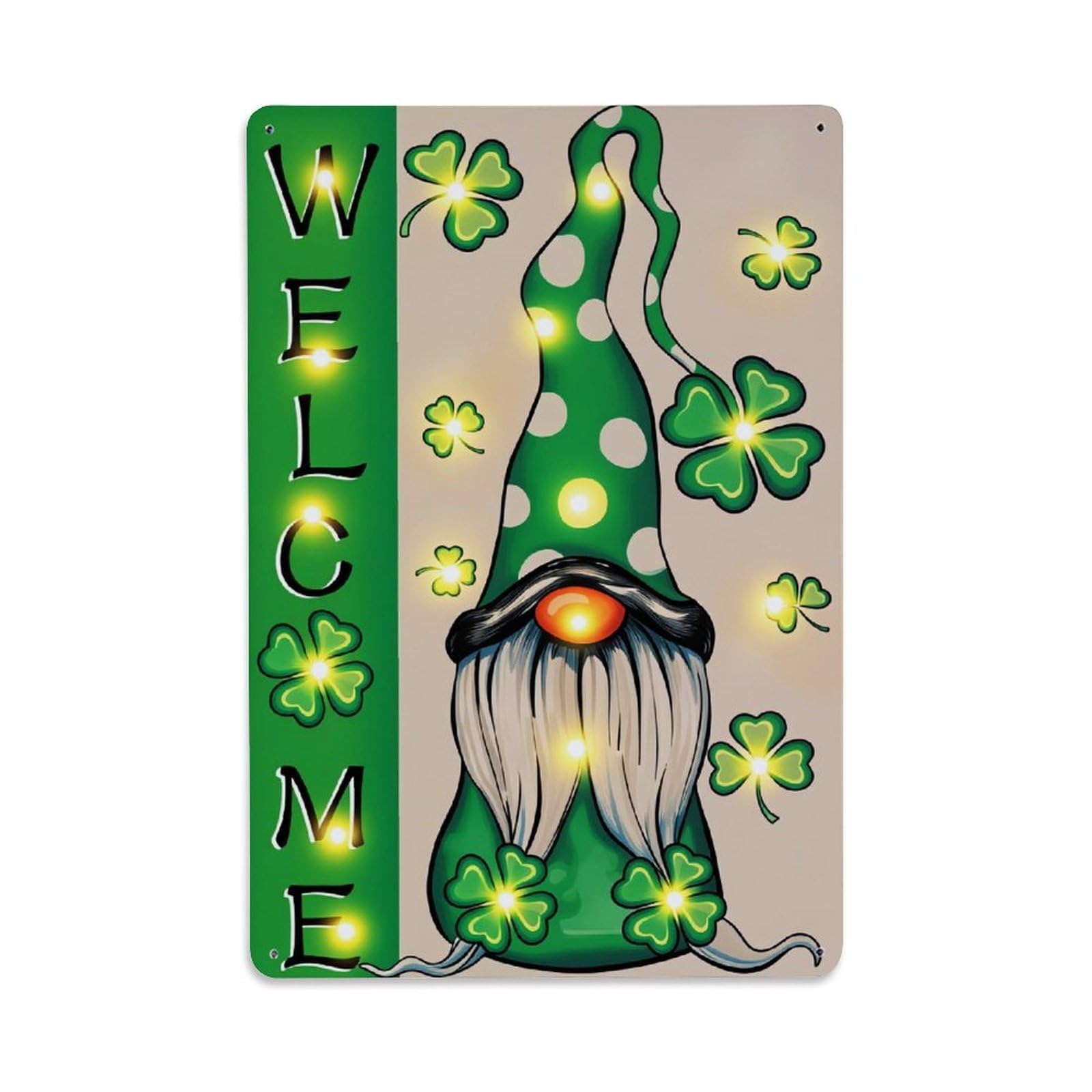 Enderetf Vintage Gnome With Clover Hat And Lights Tin Sign Metal Poster, Home Bar Garage Man Cave Cafe Indoor & Outdoor Wall Decoration 8X12inches
