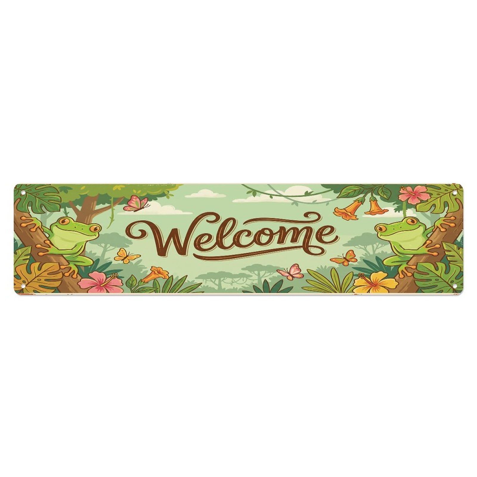 Cxhjca 4X16inch(10X40cm) Vintage Welcome Tree Frog Leaf Metal Tin Sign