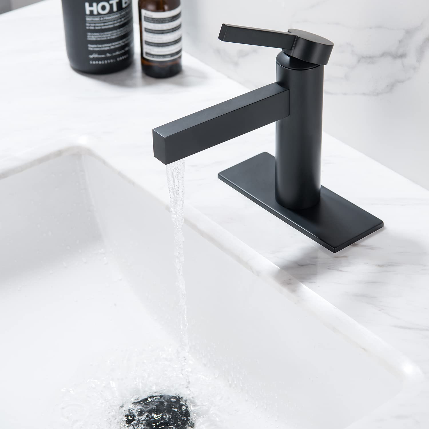 Modern Bathroom Sink Single Lever Basin Waterfall Mixer Tap Single Hole with a pop up Drain (Matte Black)