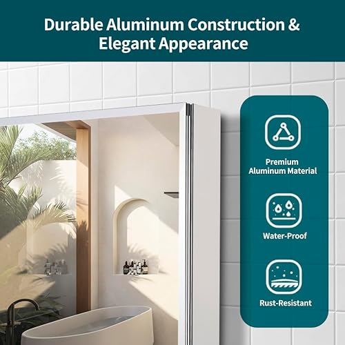Miniatura 4 de Movo Botiquín de doble puerta con espejo, 30 x 26 pulgadas, botiquín de aluminio para baño, estantes de vidrio ajustables, impermeable y resistente